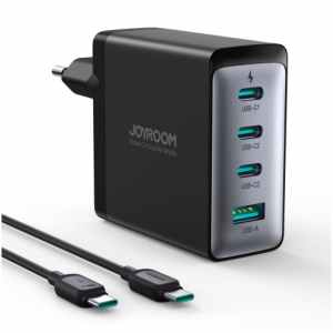 Hišni polnilec 100-240V => 3xUSB-C 1xUSB-A z dodanim USB-C/USB-C kablom 1,20m 100W GaN Joyroom črn (JR-TCG04EU)