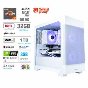 Računalnik MEGA MT S7X R7-5700X/RTX4060Ti/32GB/1TB-4.0/750W/Brez OS/bela RGB + Estetski napajalni kabli [Vijola / Bela]