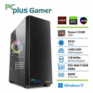 PCPLUS Gamer Ryzen 5 5500 16GB 1TB SSD RTX 4060 Ti 8GB Windows 11 Home gaming namizni računalnik