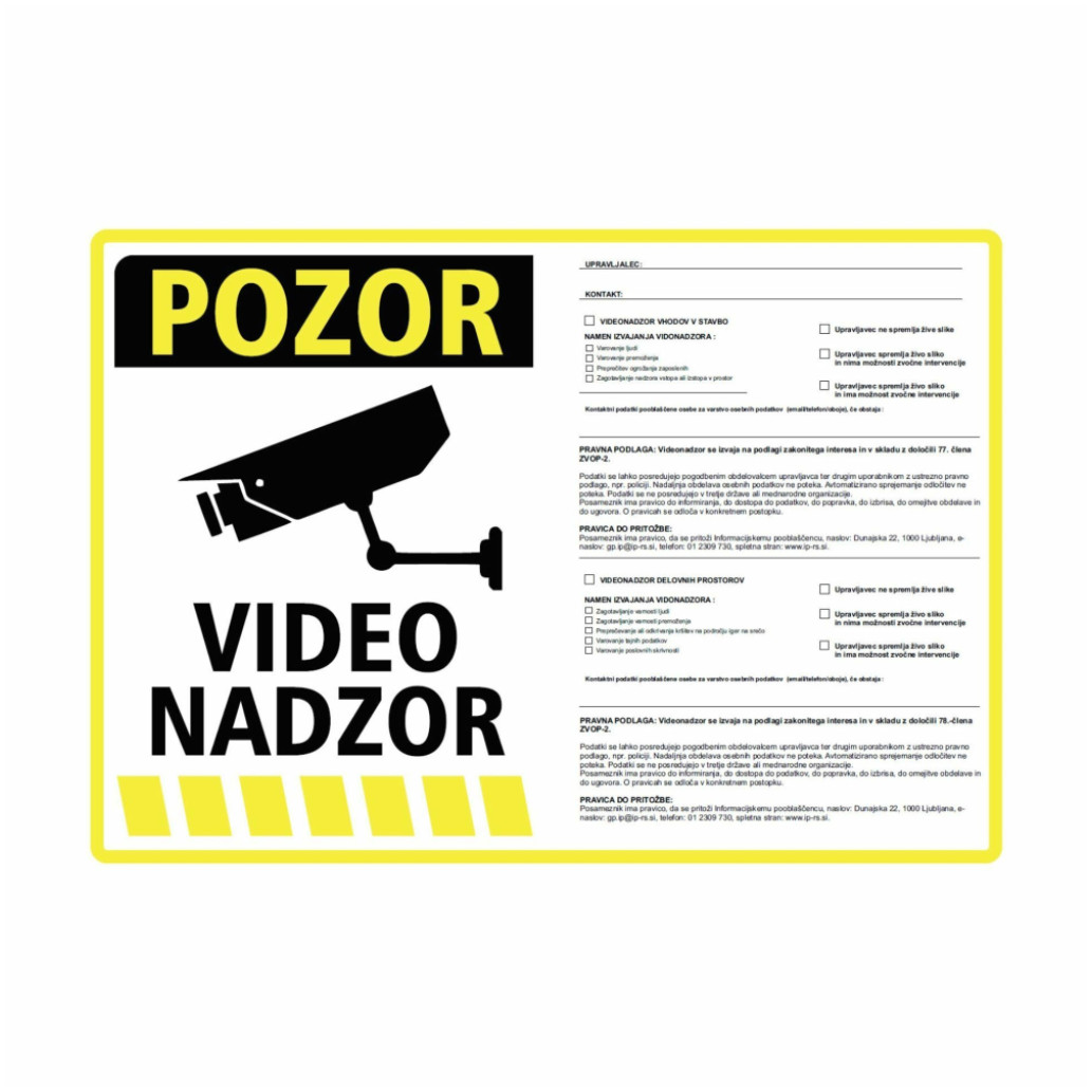 Nalepka "VIDEONADZOR" A5(190x133) rumena + 77. in 78. člen ZVOP-2