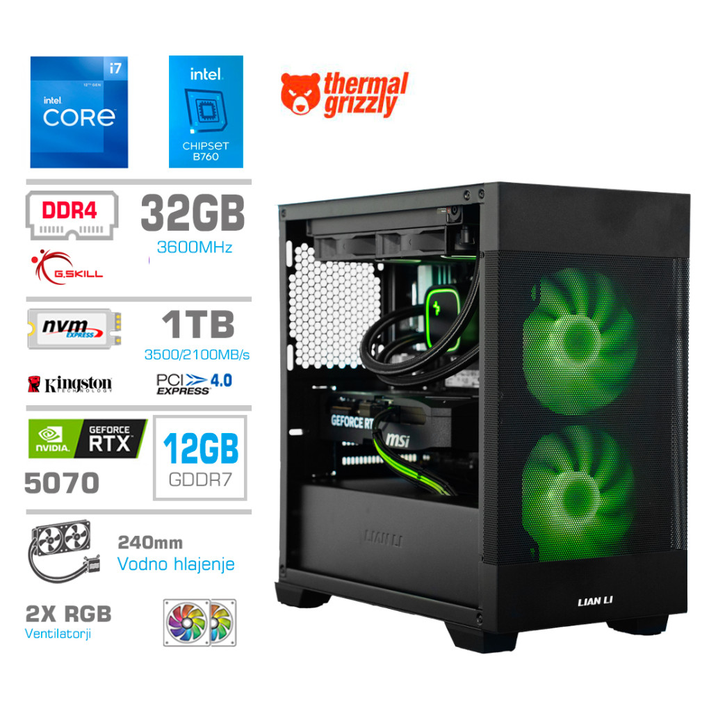 Računalnik MEGA MT S7X i7-12700K/RTX5070/32GB/1TB-4.0/750W/Brez OS/črna RGB + Estetski napajalni kabli [Zelena / Črna)