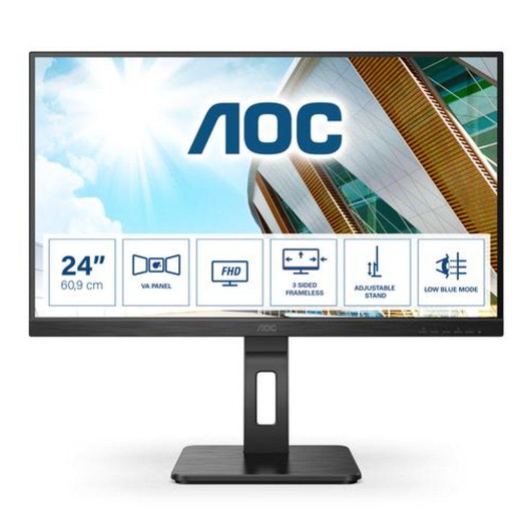 Monitor AOC 60,5 cm (23,8") 24P2QM 1920x1080 75Hz VA 4ms VGA DVI HDMI DisplayPort 4xUSB3.2 Pivot Zvočniki  6H sRGB127% AdaptiveSync