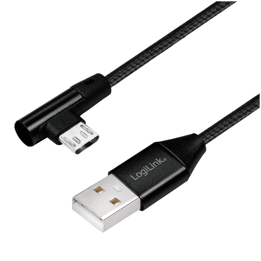 Kabel USB A => B micro tekstil ovoj 1,00m 90° (za mobitele) LogiLink črn (CU0142) EOLS-P