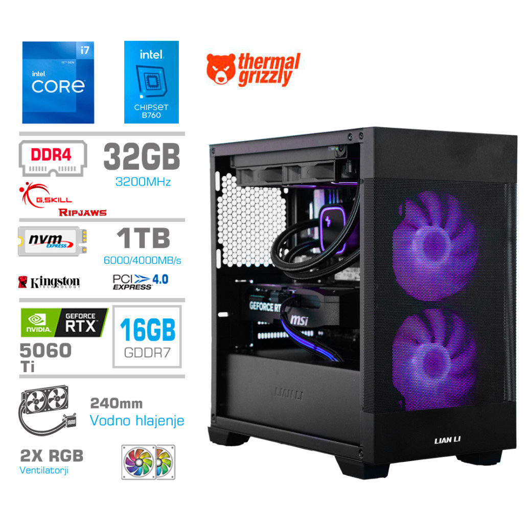 Računalnik MEGA MT S7X i7-12700K/RTX5060Ti-16GB/32GB/1TB-4.0/750W/Brez OS/črna RGB + Estetski napajalni kabli [Vijolična / Črna)